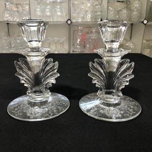 Navarre Clear by Fostoria - Two Etched Crystal Vintage Single Light Candlesticks