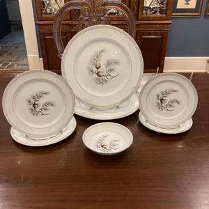 Könnte beinhalten: Ein Satz weißer Porzellan-Geschirr mit silbernem Rand und einem Kiefern- und Zweig-Design. Das Set umfasst Essteller, Salatteller und kleine Schalen. Die Teller sind auf einem dunklen Holztisch angeordnet.