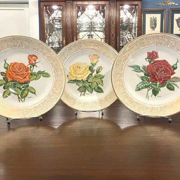 Rosas premiadas de Boehm Studios of America: tres platos vintage de rosas