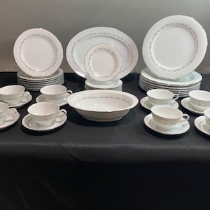 Crestmont by Noritake - 46pc Estate Set of Platinum Trim Vintage Dinnerware