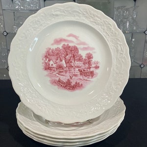 Scenes After the Constable Pink by Grindley - Five Vintage Dinner Plates