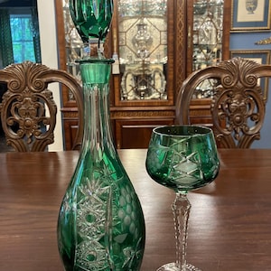 Traube Emerald Green by Nachtmann - One Vintage Cut to Clear Decanter and Goblet