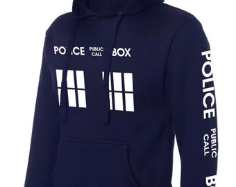 Sudadera con capucha de la cabina de policía de Doctor Who: estampado en la manga, azul marino