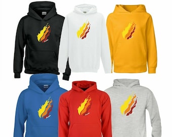 Sudadera con capucha y estampado de llamas para niños: unisex, mezcla de algodón, bolsillo tipo canguro