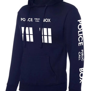 Inspired Police box Unisex Hoodie DR WHO funny hoodies with sleeve print. Available in all sizes