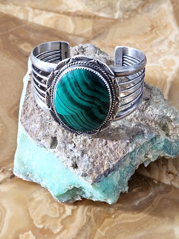 Big Malachite Statement Cuff Signed - image 1