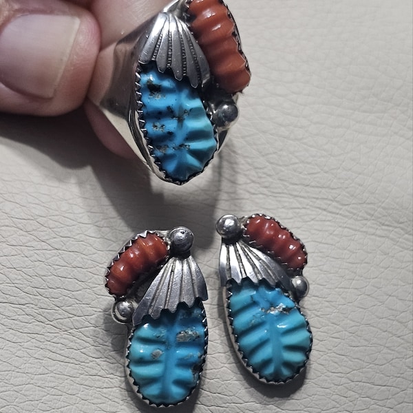 Carved Earring and Ring Set By Zuni Artist Loyalita Othole