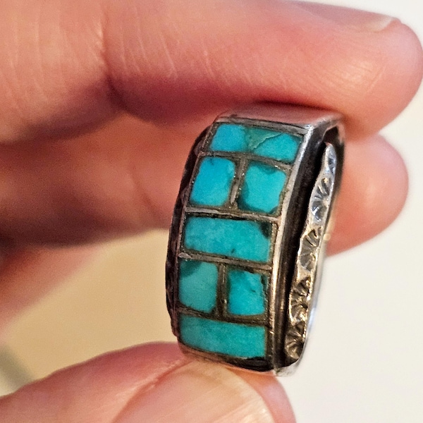Sterling and Turquoise Windowpane Inlay Ring Signed
