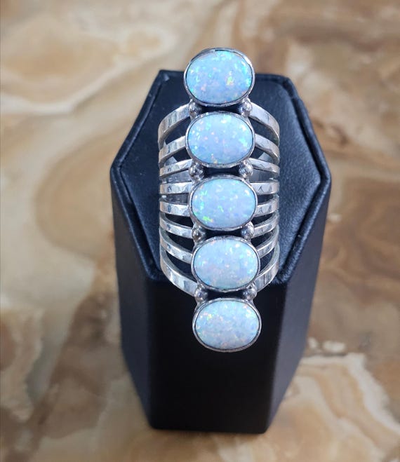 Signed Sterling and Lab Opal Ring - image 1