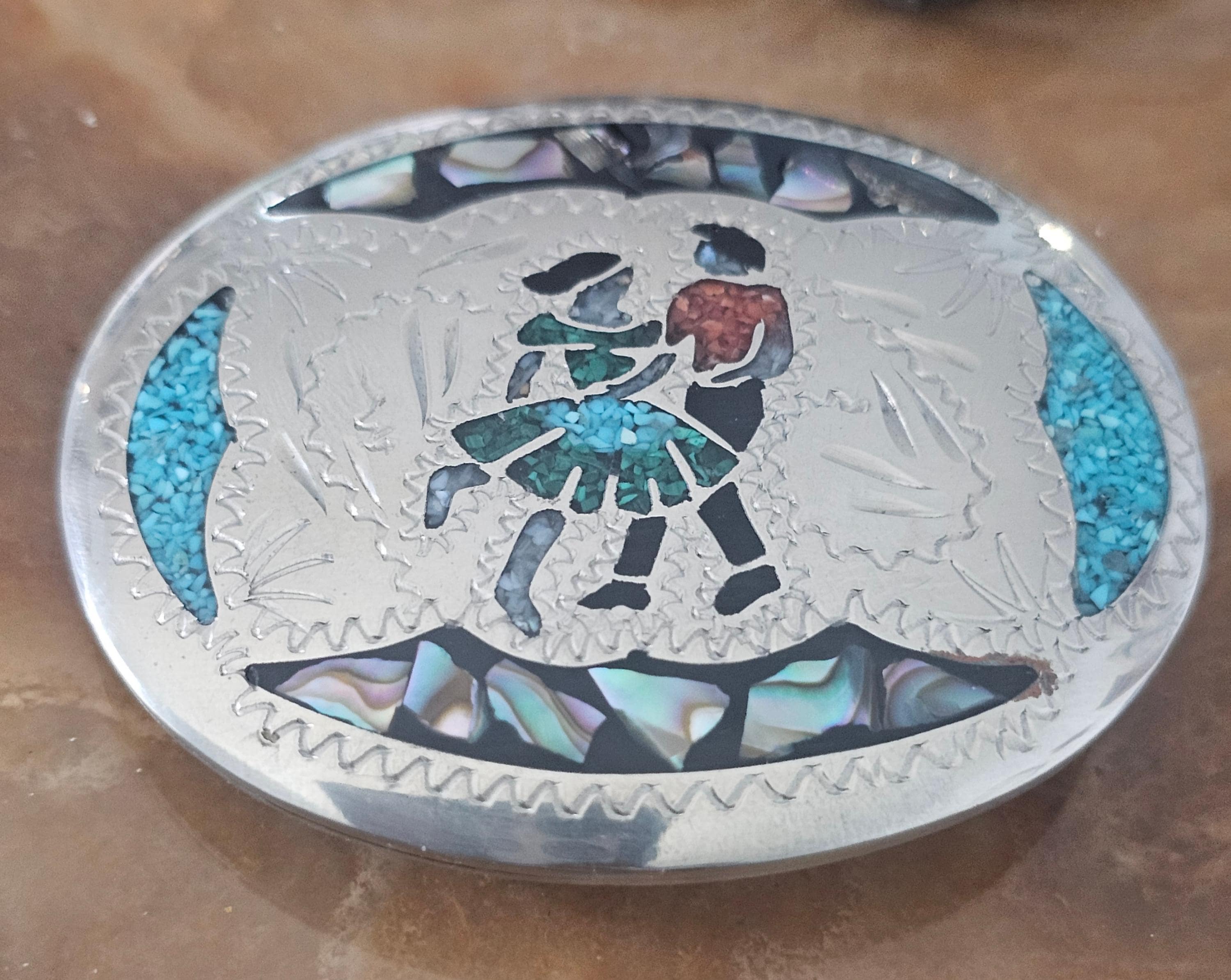 Vintage Metal Belt Buckle, Big and Heavy, Blue and Red 