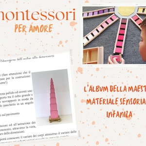 May include: A Montessori educational set with a pink tower, colour tablets, and wooden trays. The image includes Italian text: "montessori PER AMORE" and "L'ALBUM DELLA MAESTRA MATERIALE SENSORIALE INFANIZA."