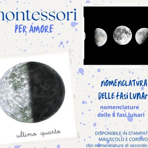 Può includere: Stampa educativa con le fasi lunari. L'immagine mostra illustrazioni dettagliate delle fasi lunari, con il testo "NOMENCLATURA DELLE FASI LUNARI". Il testo "montessori PER AMORE" è anche visibile.