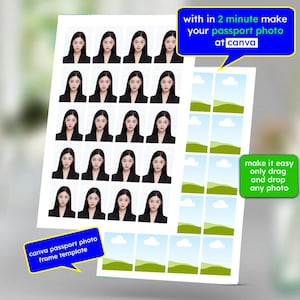 Paspoortfoto a4-formaat canvas sjabloonlijst, maak je eigen professionele pasfoto Met slepen en neerzetten, direct downloaden
