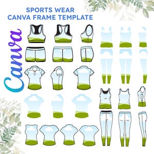 Può includere: Un modello di cornice Canva con vari design di abbigliamento sportivo. L'immagine mostra illustrazioni di reggiseni sportivi, pantaloncini, polo, canotte e leggings. I disegni incorporano un motivo di cielo blu e paesaggio verde. Il testo include "SPORTS WEAR" e "CANVA FRAME TEMPLATE".