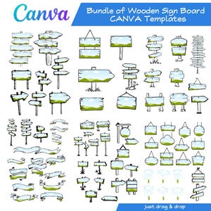 May include: A collection of hand-drawn wooden sign board templates in various shapes and styles. The signs include arrows, rectangular, and circular designs, with green and blue accents. The Canva logo is in the upper left corner.