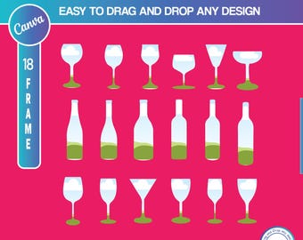 Bundle of Bottle and Glass  CANVA frame , Digital glass template design, easy to drag and drop any design in Canva frame, Instant download
