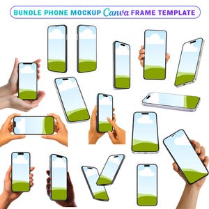 May include: A selection of smartphones in different positions, displaying a landscape and sky design on their screens. The phones are black and silver, with a contemporary design. The image includes the text "BUNDLE PHONE MOCKUP Canva FRAME TEMPLATE".