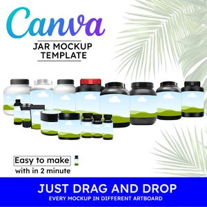 Puede incluir: Una colección de frascos de varios tamaños con etiquetas blancas y tapas negras o blancas. Los frascos están dispuestos en fila, con un diseño de paisaje en las etiquetas. La imagen incluye el texto "Canva JAR MOCKUP TEMPLATE" y "Easy to make with in 2 minute".