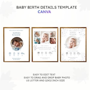 May include: Three framed baby birth details templates with a wooden frame. Each template features a baby's photo, name, and birth details. The text includes "Baby Birth Details Template" and "Sophia Walker". The size is US Letter and 12x12 inch.