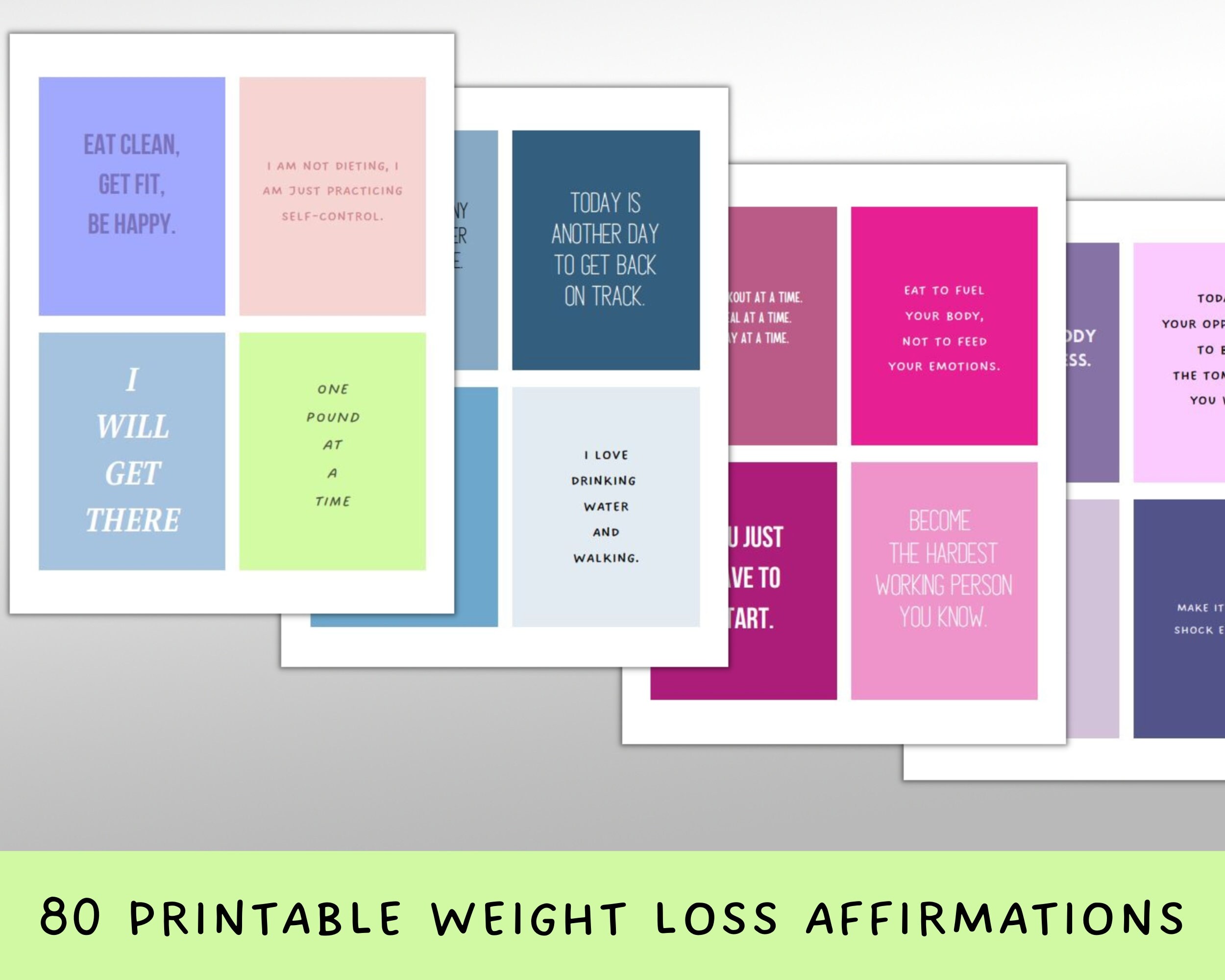 Printable Weight Loss Affirmation Cards, 80 Fitness Cards, Positive