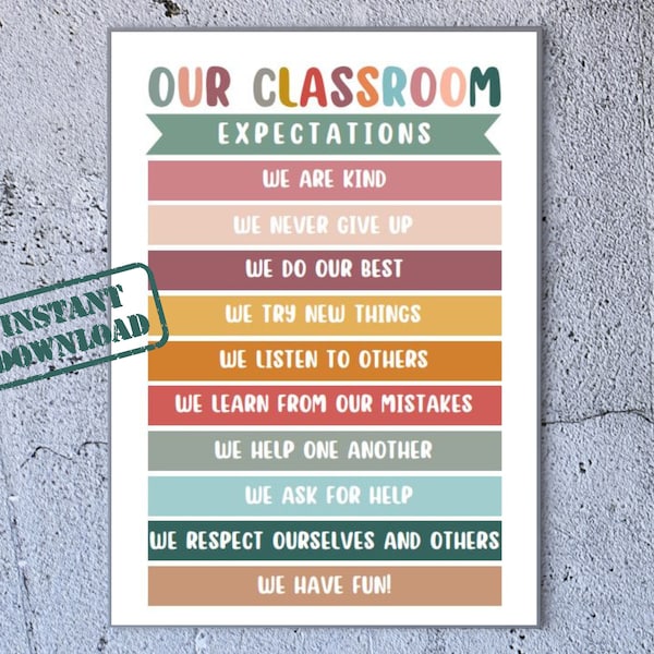 Neutral Classroom Rules Poster, Educational Learning Poster, Learning Prints, Rules Print, Digital Classroom Rules, Class Rules Poster