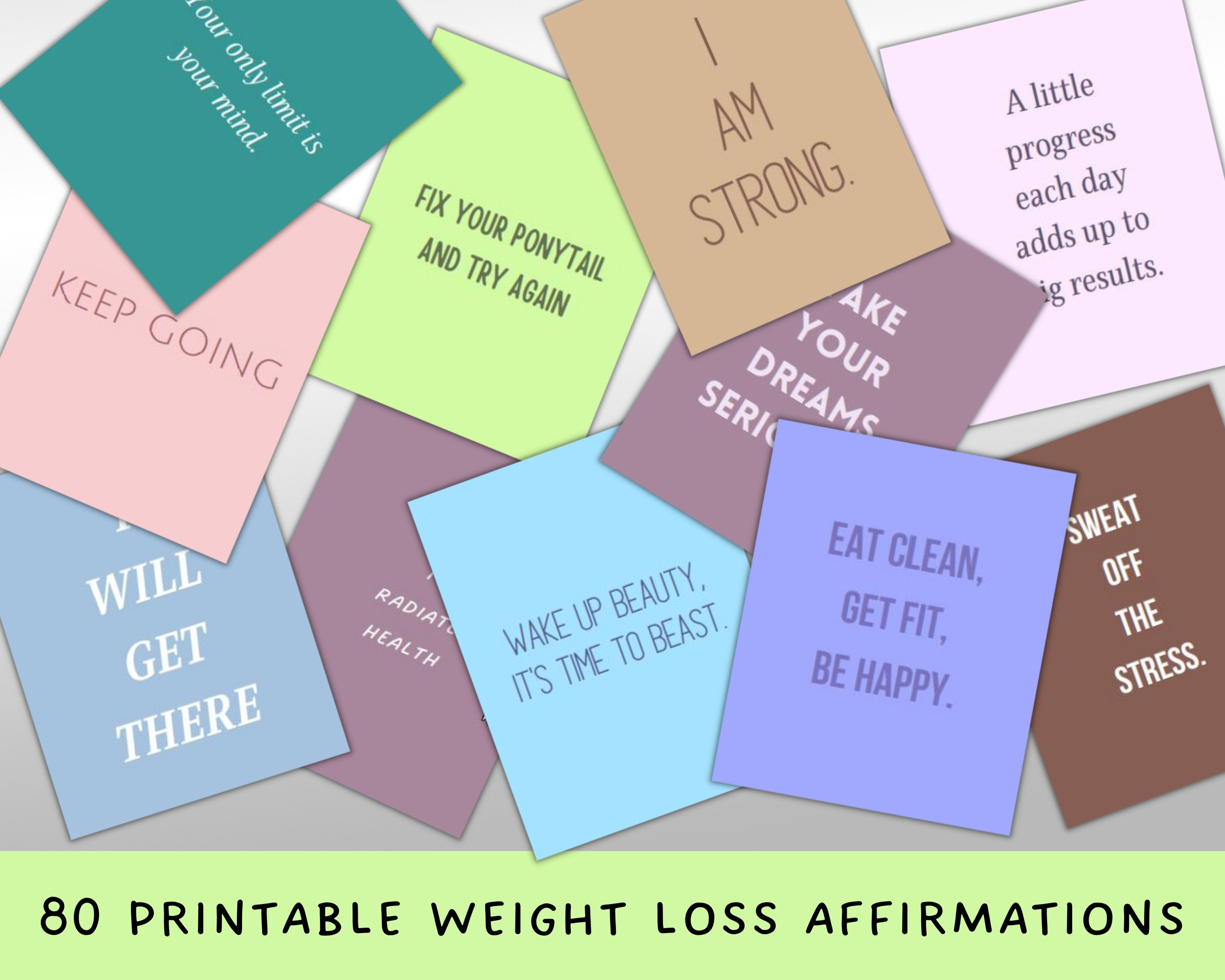 Printable Weight Loss Affirmation Cards, 80 Fitness Cards, Positive
