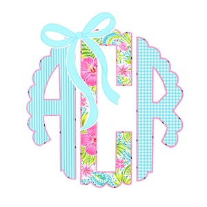 May include: A monogram design featuring the letters "AHC" in a circular arrangement. The letters are decorated with various patterns, including blue and white stripes, a floral print with pink hibiscus flowers, and a blue gingham check. A light blue bow adorns the top.