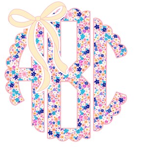 May include: A floral monogram design featuring the letters ABC. The letters are filled with a pattern of small flowers in shades of pink, blue, and yellow. A light yellow bow is at the top of the monogram, and the letters are outlined in pink.
