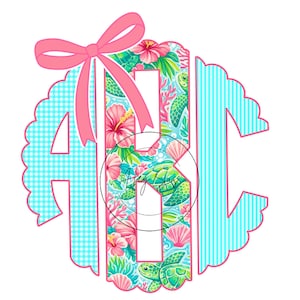 May include: A decorative monogram featuring the letters ABC in a scalloped circle. The letter A has a blue and white gingham pattern, the letter B is filled with a floral and turtle design, and the letter C has blue and white stripes. A pink bow adorns the top.