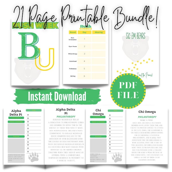 Baylor University Sorority Planner for Rush, Digital download, Sorority Rush Notes, Happy Planner Pages, Baylor Rush, Sorority Recruitment