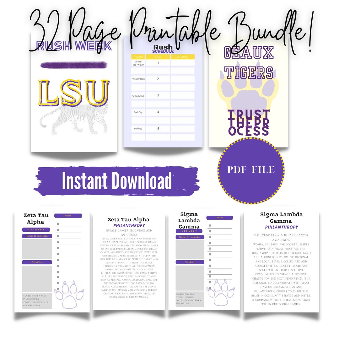 LSU Sorority Planner for Rush, Digital Download, Sorority Rush Notes