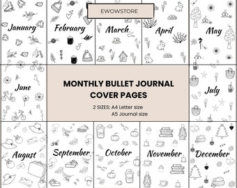 Monthly Bullet journal cover pages, Printable journal page, Junk journal cover page, Printable scrapbook planner, Monthly colouring page
