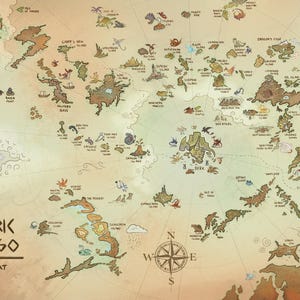 May include: A detailed, illustrated map titled "The Barbaric Archipelago" with a compass rose. The map features numerous islands and landmasses in shades of brown, green, and tan, with whimsical illustrations of creatures and landmarks.