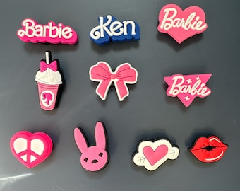 Cool pink shoe charms, Barbie Ken lips heart