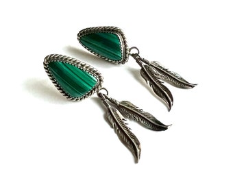 Vintage large malachite post earrings with feather details