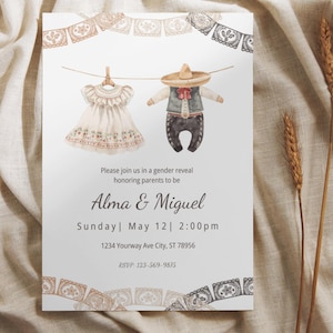 May include: Gender reveal invitation featuring watercolor illustrations of a dress and a mariachi outfit hanging on a clothesline. The invitation includes the names "Alma & Miguel", event details, and RSVP information. The design incorporates decorative banners.