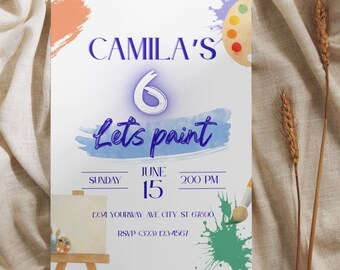 Invitation d'anniversaire sur le thème de la peinture | Thème artistique, modèle Canva modifiable (téléchargement numérique)