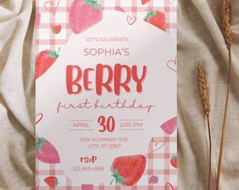 Strawberry First Birthday Invitation | Strawberry Theme| Editable Canva Template (Digital Download)