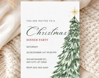Puede incluir: Una tarjeta de invitación rectangular blanca con un árbol de Navidad verde estilo acuarela a la derecha, coronado con una estrella dorada. El texto dice: YOU ARE INVITED TO A Christmas DINNER PARTY SATURDAY 25 DECEMBER | AT 99.00 PM 123 ANYWHERE ST., ANY CITY, ST 12345 RSVP: 562-963-6669.