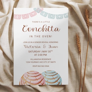 May include: A gender reveal invitation with the text "There's a Little Conchita in the Oven!" in brown script. The invitation features pink and blue concha pastries and decorative lace banners. The event is for Victoria & Juan.