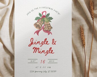 Op de afbeelding: Een witte kerstfeestuitnodiging met de tekst "Join us for a Christmas Party!" en "Jingle & Mingle" in rood script. De uitnodiging bevat illustraties van bellen, hulst en de datum 16 december.