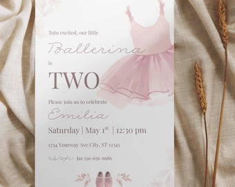 ¡Tutú emocionado! Invitación para el segundo cumpleaños de bailarina / Descarga digital / Plantilla editable de Canva
