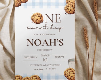 Cookie Theme First Birthday Invitation | One Sweet Boy (Digital Download) S90B