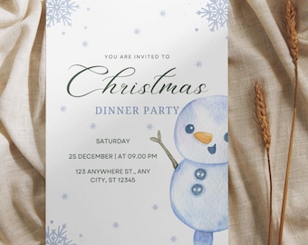 May include: A Christmas Dinner Party invitation with a watercolor snowman illustration. The invitation text reads "You are invited to Christmas Dinner Party" with the date and time. Snowflake and star accents decorate the white card.