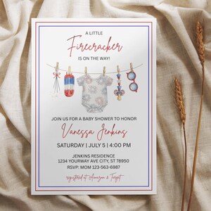 May include: Baby shower invitation with a red and blue border. The invitation features the text "A Little Firecracker is on the Way!" and includes watercolor illustrations of baby items. The invitation is for Vanessa Jenkins.