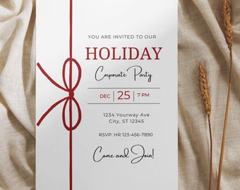 以下が含まれることがあります： 「HOLIDAY Corporate Party」のテキストとイベント詳細が記載された、赤いアクセントの白い招待状。左側には赤いリボンのデザイン。招待状は、麦の穂のあるニュートラルな生地の背景に配置されています。
