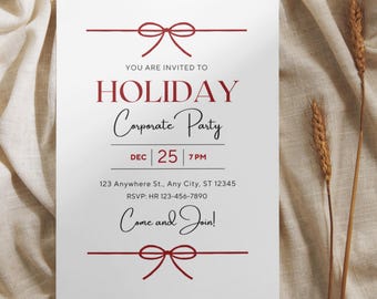 May include: White invitation card with red bow accents and text. The card reads "YOU ARE INVITED TO HOLIDAY Corporate Party" with date and time details. Includes address and RSVP information. The card is on a beige fabric background.