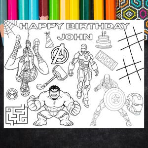 May include: Black and white colouring page featuring Marvel superheroes, including Spider-Man, Hulk, Iron Man, and Captain America. The page includes the text "HAPPY BIRTHDAY JOHN" and other design elements.