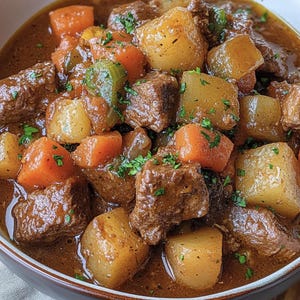 May include: A close-up shot of a hearty beef stew in a white bowl. The stew features large chunks of tender beef, potatoes, and carrots in a rich, brown gravy. Fresh parsley is sprinkled on top for garnish. The dish is a warm, comforting meal.