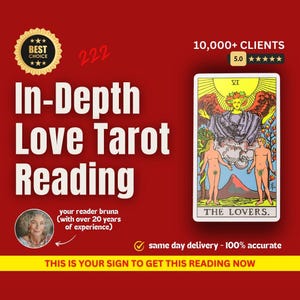 以下が含まれることがあります： 「In-Depth Love Tarot Reading」というテキストと、「The Lovers」のタロットカードの画像が描かれた赤と黄色のグラフィック。グラフィックには、「10,000+ CLIENTS」と「5.0 ★★★★★」のテキストも含まれています。